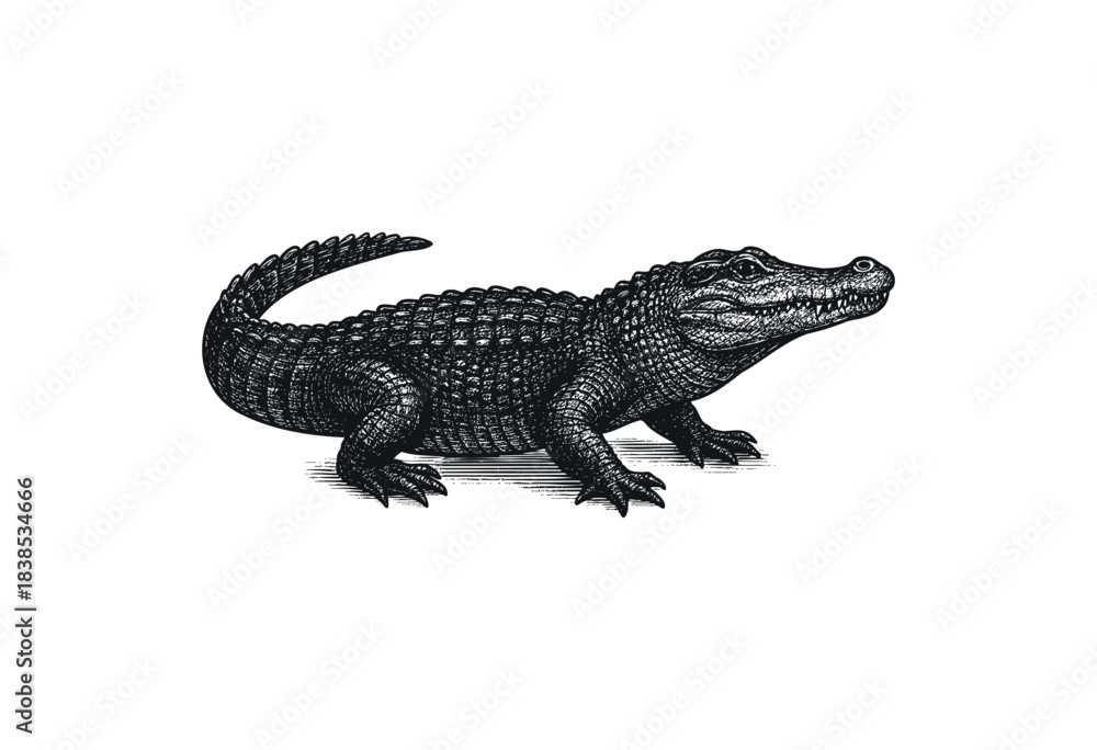 Naklejka premium Detailed engraving of an alligator in black and white — stock illustration.