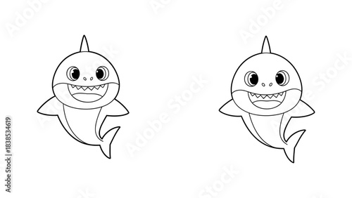 Cute cartoon baby sharks in outline style on white background