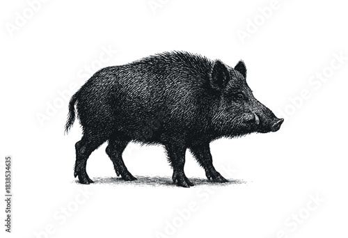 Monochrome vintage vector illustration of a wild boar on a white background — stock illustration.