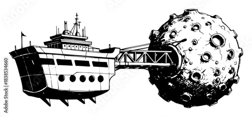 asteroid mining ship docked to rock vector shape silhouette