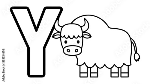 Yak beside letter y: adorable black and white animal alphabet design
