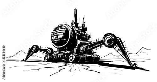 spider legged drilling rover on alien terrain vector shape silhouette