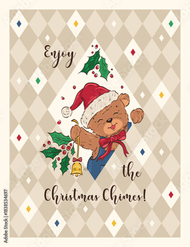 Christmas Greeting Card with Teddy Bear in Santa Hat Holding Holly and Bell Vector Illustration