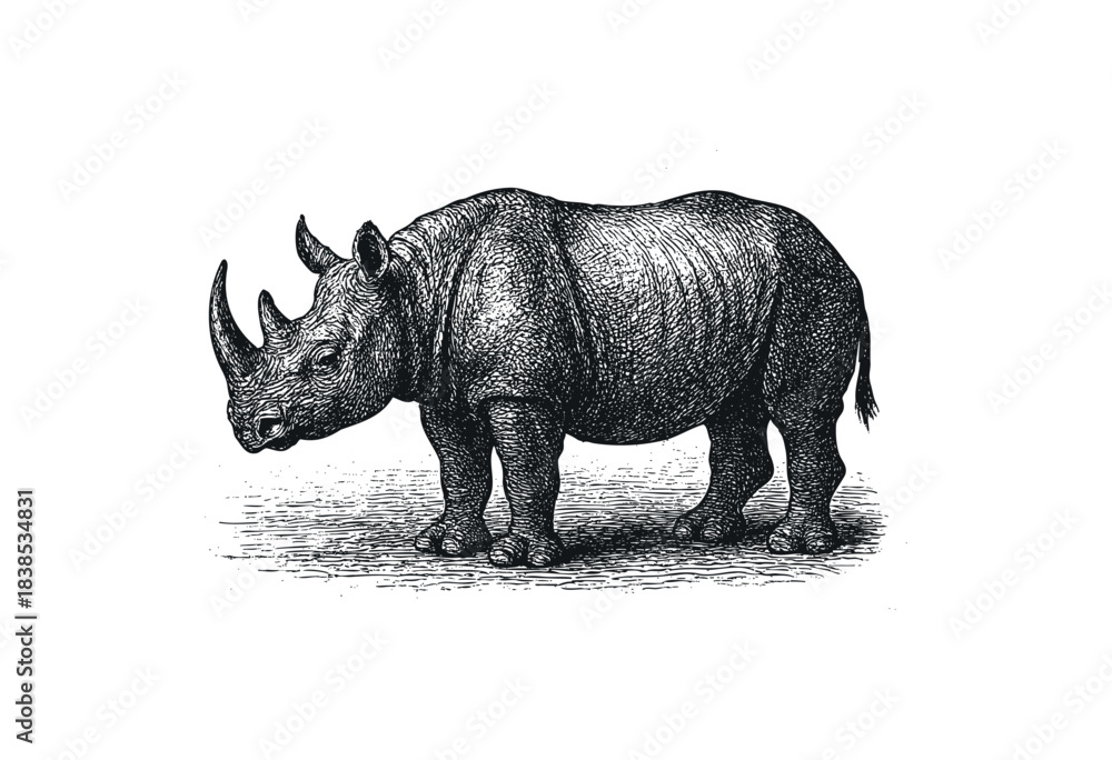 Fototapeta premium An antique-style illustration shows a rhinoceros in detailed etching, capturing its powerful build and textured skin — stock illustration.