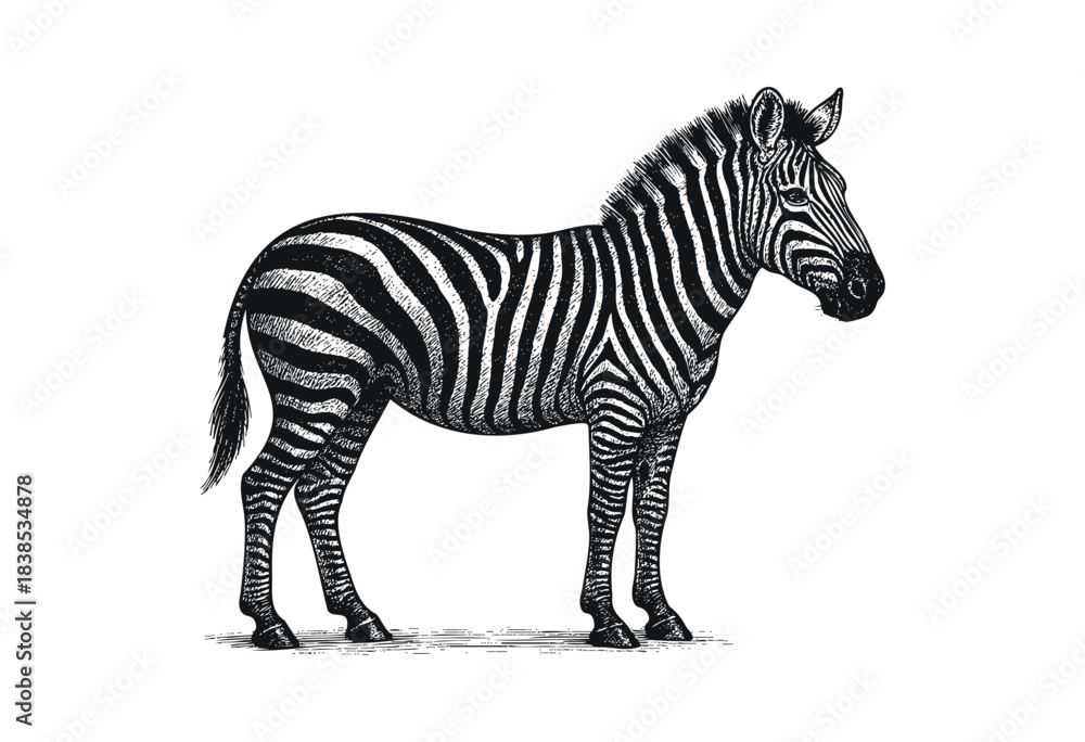 Fototapeta premium An elegant hand-drawn illustration of a zebra with black and white stripes, showcasing a classic engraved style — stock illustration.