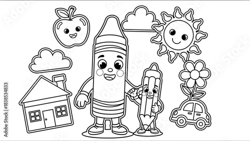 Cute coloring page with happy crayon and pencil characters surrounded by sun, clouds, and house