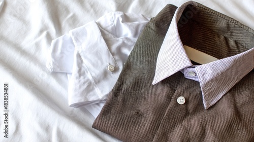Close-up of two folded button-down shirts on a rumpled white bedsheet