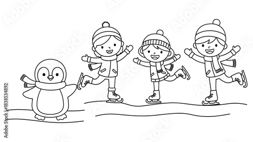 Winter fun coloring page with kids ice skating and a penguin in black and white