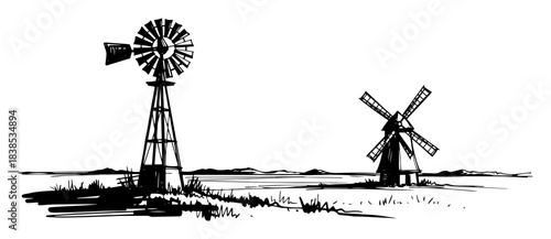 rural landscape with windmills monochrome vector illustration