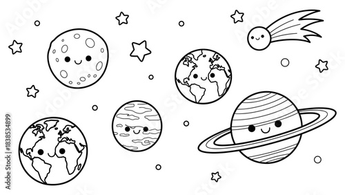 Cute cartoon space scene with smiling planets and stars in black and white
