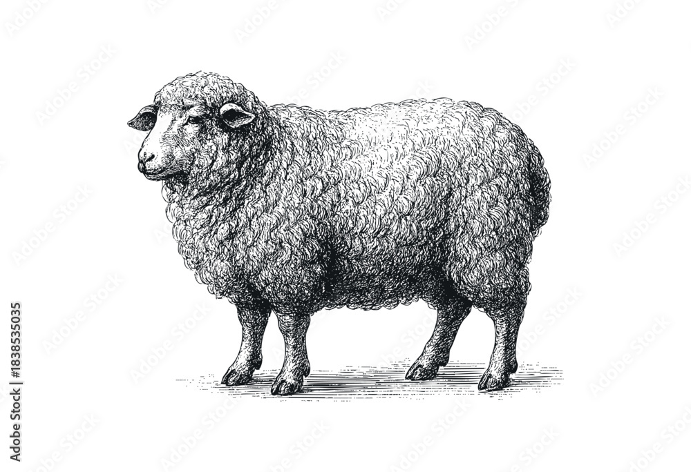 Obraz premium An ink drawing of a sheep standing, sketched in a vintage engraved style — stock illustration.