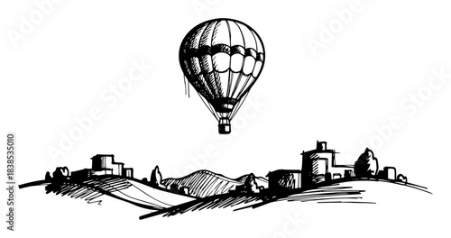 hot air balloon over countryside vector shape silhouette