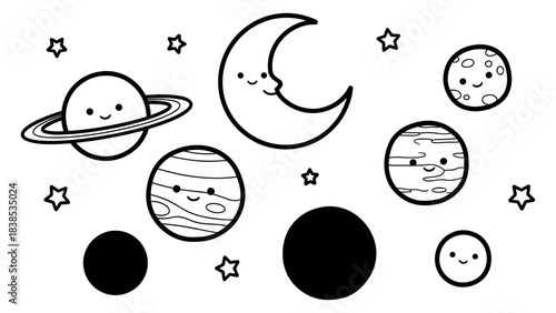 Adorable space theme with smiling celestial bodies and cute stars in black and white