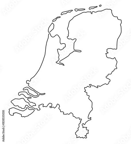 Vector map of Netherlands, a country in Northwestern Europe. Detailed black contour, isolated on white background.