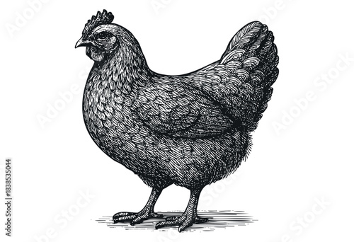 A detailed black and white engraving of a hen stands against a white background — stock illustration.