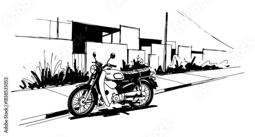 vintage motorcycle parked on suburban street vector shape silhouette