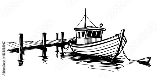fishing boat moored at wooden pier vector shape silhouette