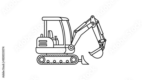 Minimalist excavator design in outline style on white background
