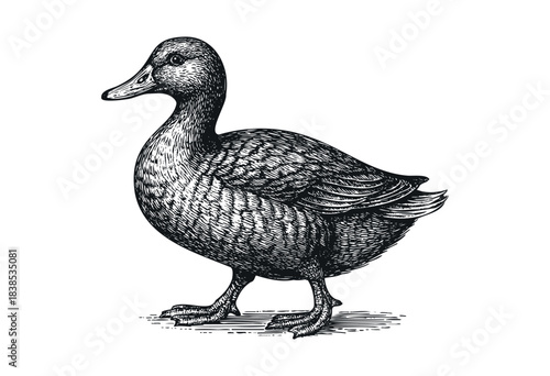 Detailed monochrome drawing of a duck in vintage engraving style — stock illustration.