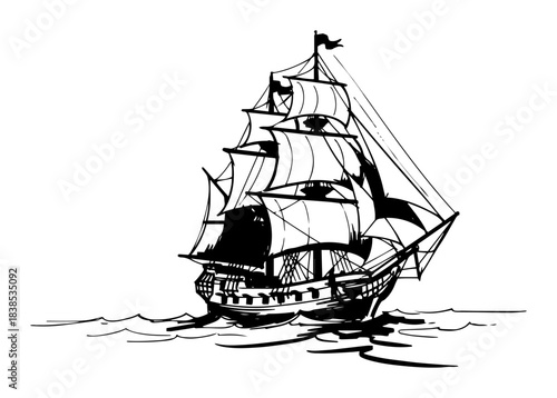 historic sailing ship on ocean waves vector shape silhouette