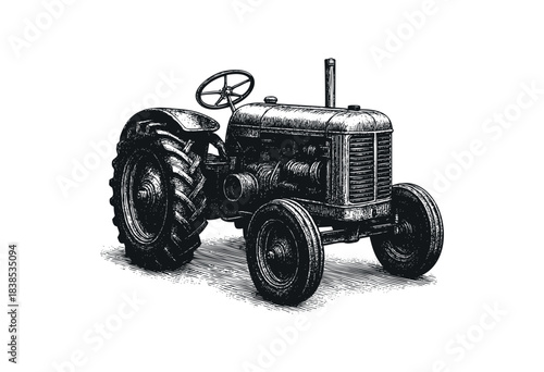 Monochrome illustration of a vintage tractor in an engraving style on a white background — stock illustration.