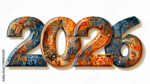 2026 is made with an orange and blue tracery pattern isolated on a white background.