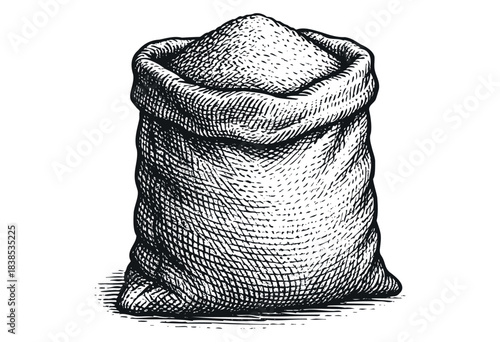 A burlap sack filled to the brim is presented in a detailed monochrome engraving style — stock illustration.