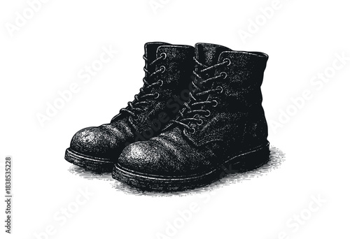 Detailed engraved style drawing of vintage leather military boots, isolated on white background — stock illustration.
