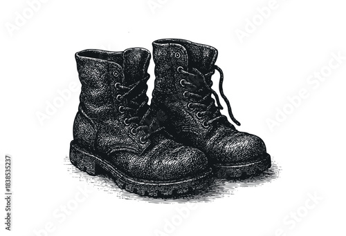 A pair of grunge leather boots depicted in a vintage etching style — stock illustration.