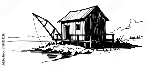 wooden fishing hut on stilts vector shape silhouette