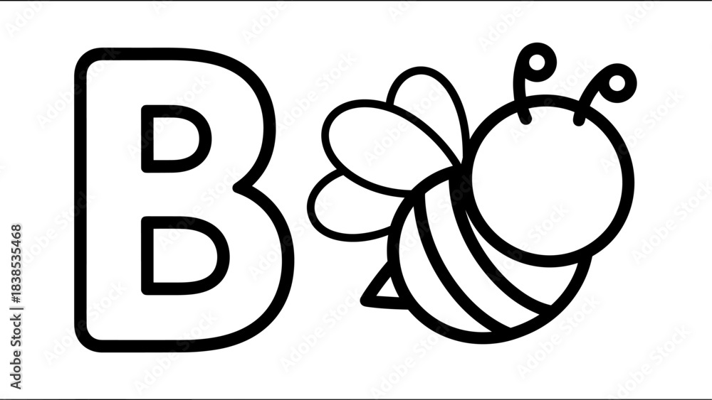 Fototapeta premium Letter b with cute bee outline design for kids and learning activities