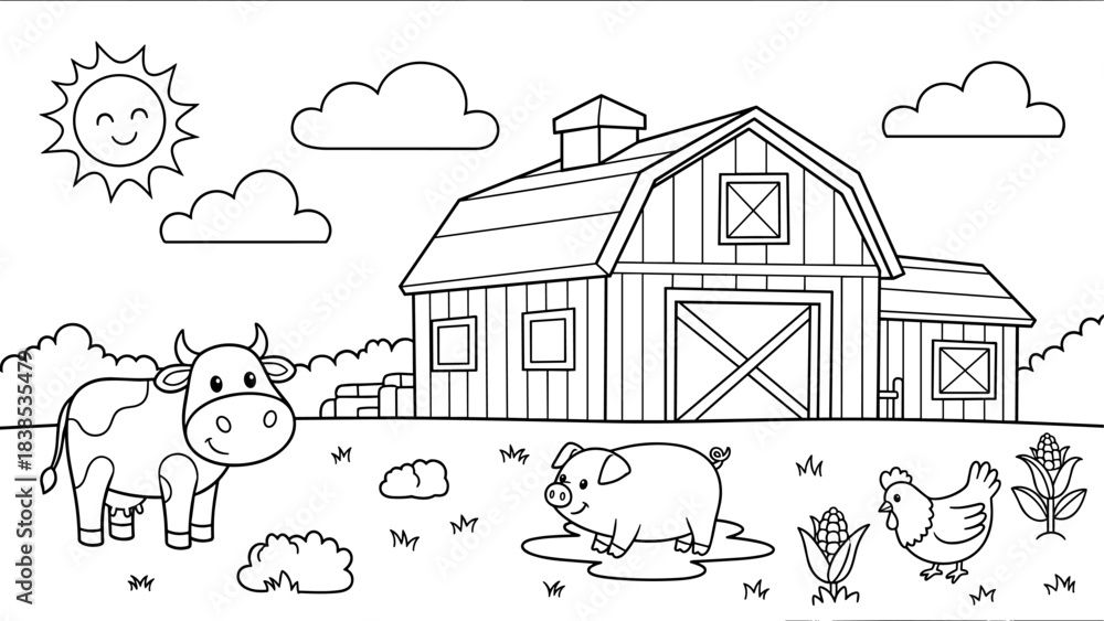 Naklejka premium Farmyard scene with cow, pig, and chicken in black and white cartoon style