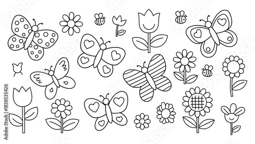 Playful butterfly and flower doodle collection in black and white outline