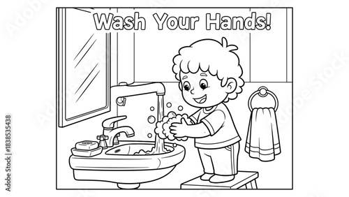 Cute child cartoon coloring page promoting handwashing for kids