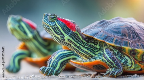 Close-up of two turtles with bright red markings near their eyes, outdoors