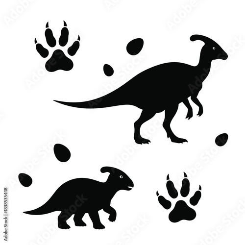 Dinosaur silhouettes with footprints and eggs vector illustration