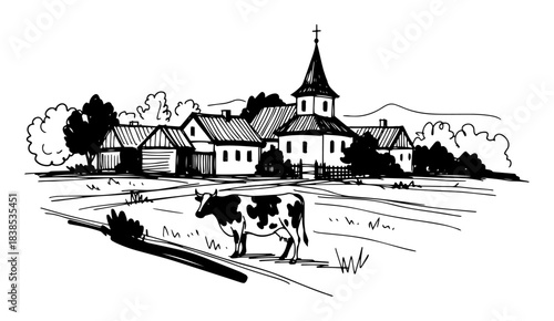 pastoral village with grazing cow vector shape silhouette