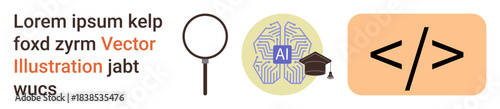 AI learning, programming, web development, technology research, digital tools, education. Magnifying glass, AI icon with graduation cap coding symbol. AI learning and programming