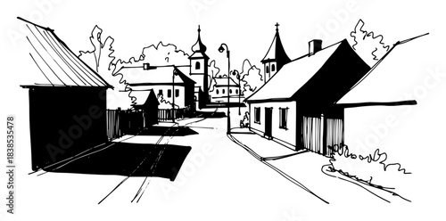 village street perspective with cottages vector shape silhouette
