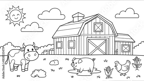 Farmyard scene with cow, pig, and chicken in black and white cartoon style