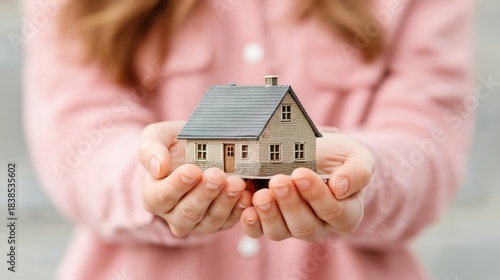 Fototapeta Naklejka Na Ścianę i Meble -  Miniature house held in hands. The concept of buying a house, real estate.