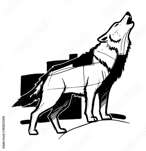 howling wolf with city double exposure vector silhouette