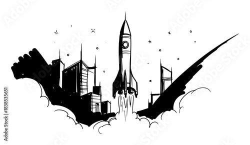 rocket launch from city startup concept vector silhouette