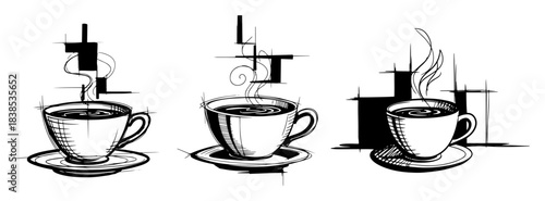 coffee cups set hot drinks monochrome vector shape