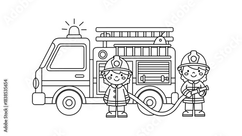 Cartoon firefighters with fire truck in black and white outline