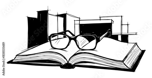 open book with glasses city background vector silhouette