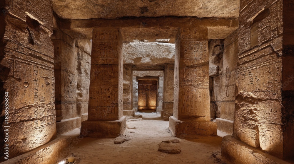 Naklejka premium Visitors walk through an ancient underground chamber with carved stone columns and walls. Soft lighting highlights the engravings and stonework of this historical site.