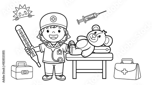 Cute pediatrician scene with child and teddy bear in medical setting