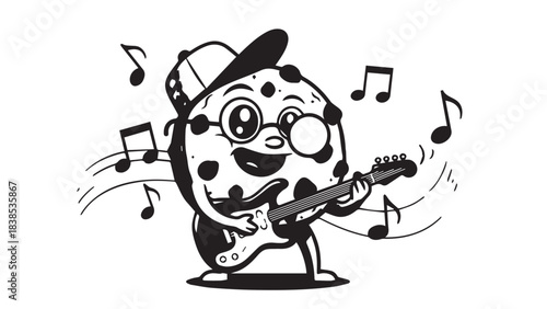 Playful cartoon dog playing an electric guitar surrounded by musical notes.