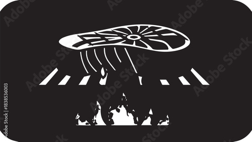 Mysterious nighttime scene depicting a flying saucer abducting a crowd of people under a bright beam.